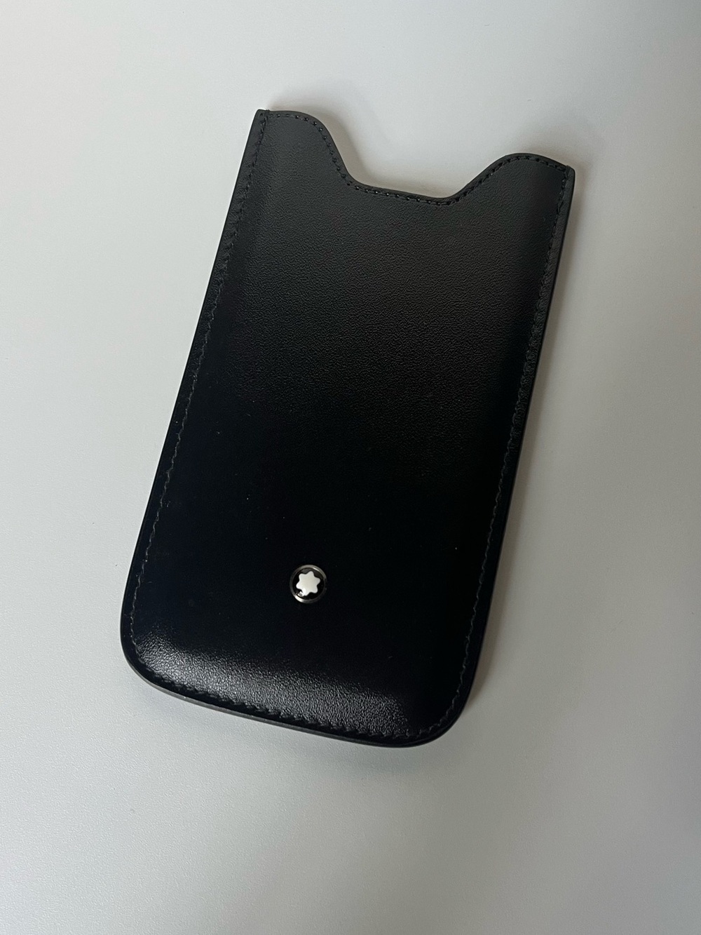 Montblanc Black Leather Small Phone Sleeve with Star Emblem Measures 5”x3”
